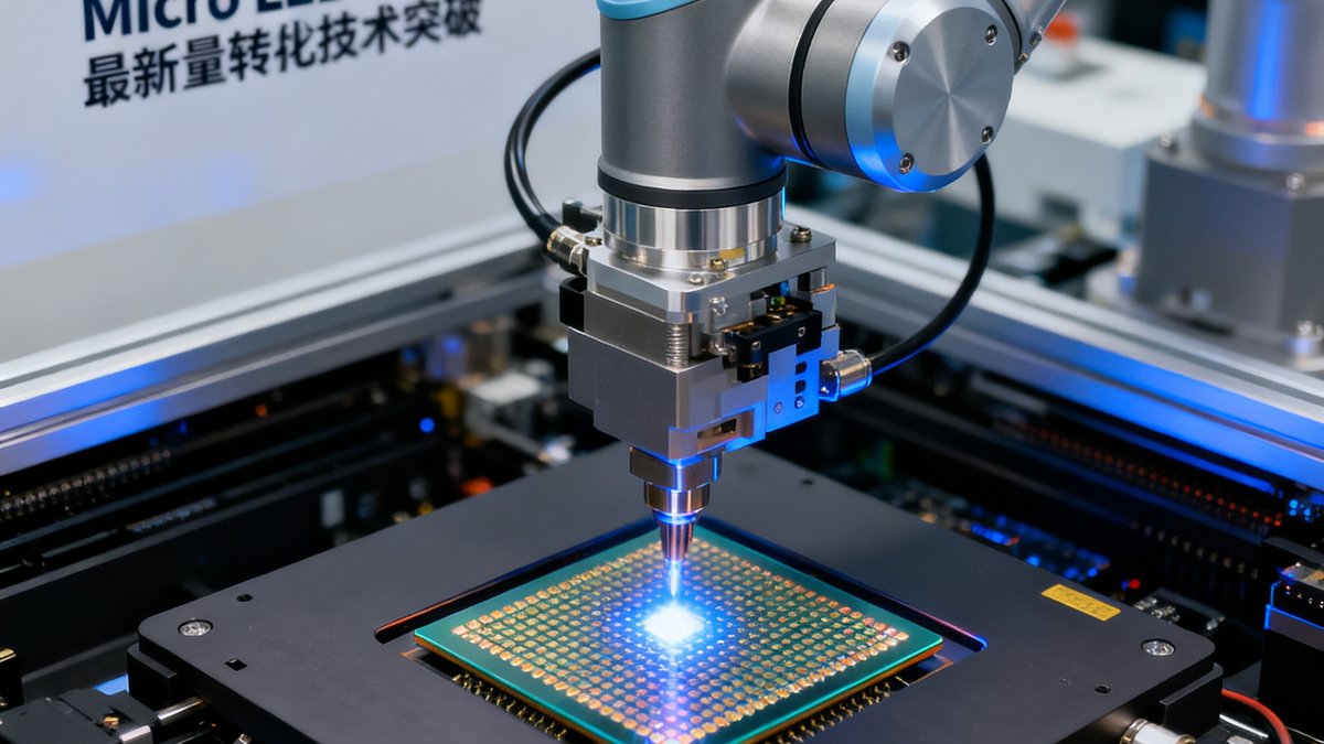 球盟会2025年最新巨量转移技术突破的实验室照片，显示精密机械臂操作Micro LED芯片转移过程
