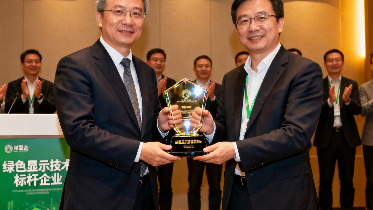 球盟会代表在2024绿色科技论坛上领取绿色显示技术标杆企业奖项的现场照片